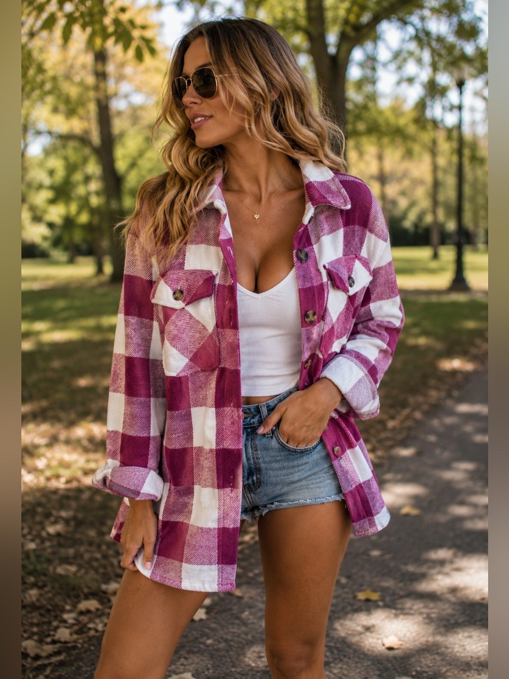 Plaid Pea Coat shacket Jacket in Pink & White Size L Perfect Condition